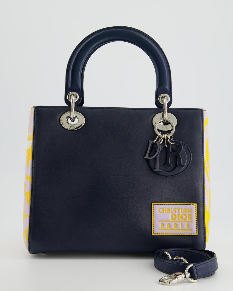 Christian Dior Navy Blue Medium Lady Dior Bag Calfskin Leather with Purple and Yellow Abstract Print and Silver Hardware