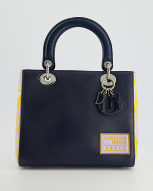 Christian Dior Navy Blue Medium Lady Dior Bag Calfskin Leather with Purple and Yellow Abstract Print and Silver Hardware