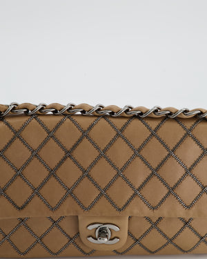 Chanel Beige East West Single Flap Bag in Lambskin Leather with Silver Quilted Chain Detail