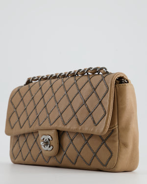 Chanel Beige East West Single Flap Bag in Lambskin Leather with Silver Quilted Chain Detail