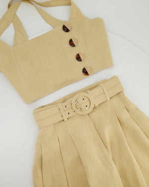 Nicholas Beige Linen Top and Trouser Set with Wood Detail Buttons and Belt UK 6
