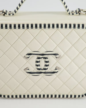 *HOT* Chanel White Caviar Vanity Case with Zebra Motif CC Logo and Silver Hardware