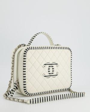 *HOT* Chanel White Caviar Vanity Case with Zebra Motif CC Logo and Silver Hardware