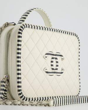 *HOT* Chanel White Caviar Vanity Case with Zebra Motif CC Logo and Silver Hardware