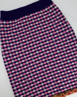 Gucci Pink, White and Purple Check Knitted Midi Skirt with Metallic Hem Size M (UK 10)