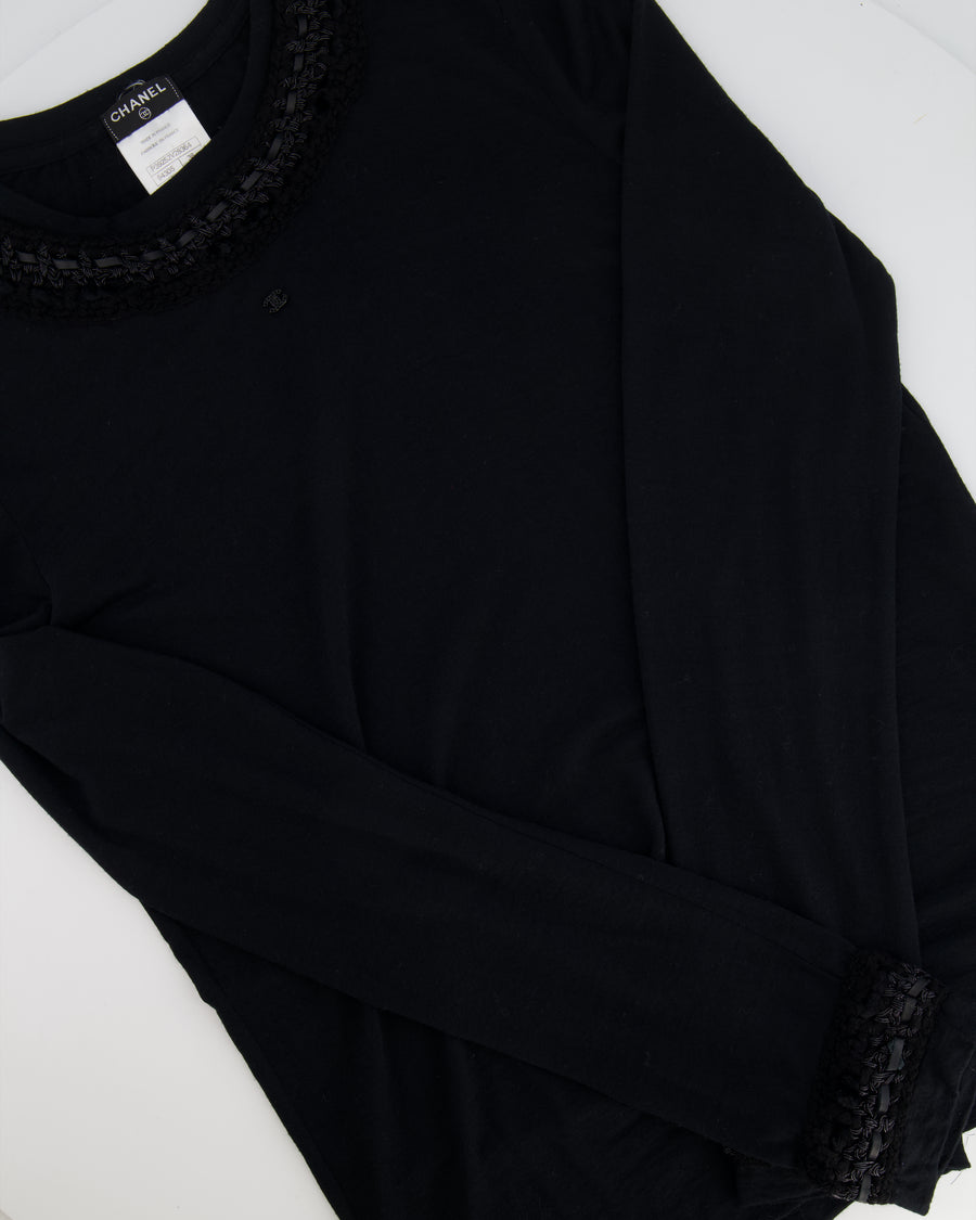 Chanel Black Wool Long-Sleeve Top with Tweed and CC Logo Details Size FR 38 (UK 10)