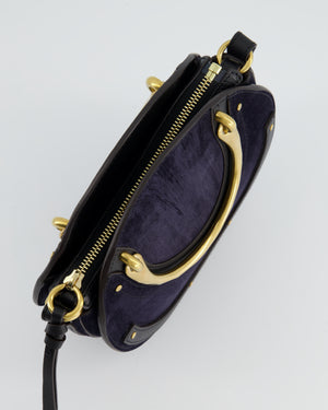 Chloe Navy Suede, Black Leather Round Pixie Cross-Body Bag with Gold Hardware