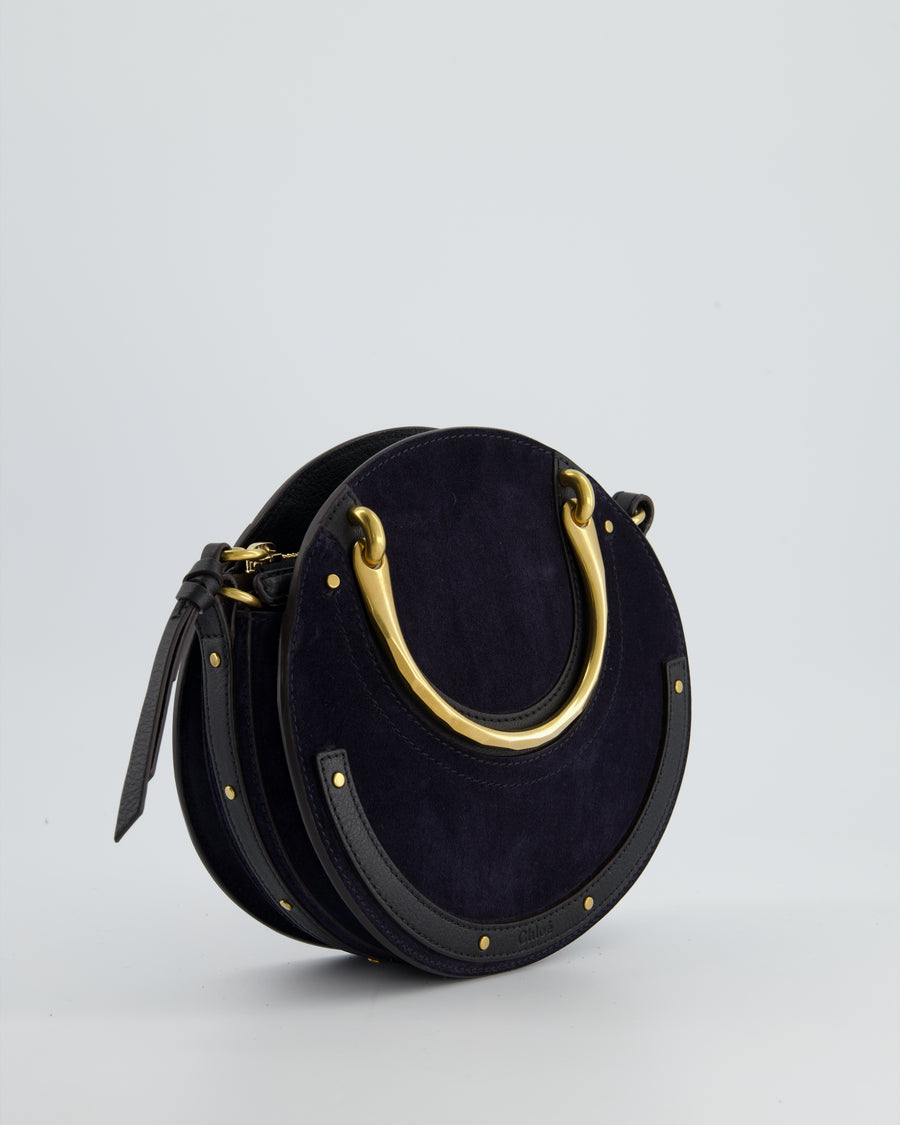 Chloe Navy Suede, Black Leather Round Pixie Cross-Body Bag with Gold Hardware