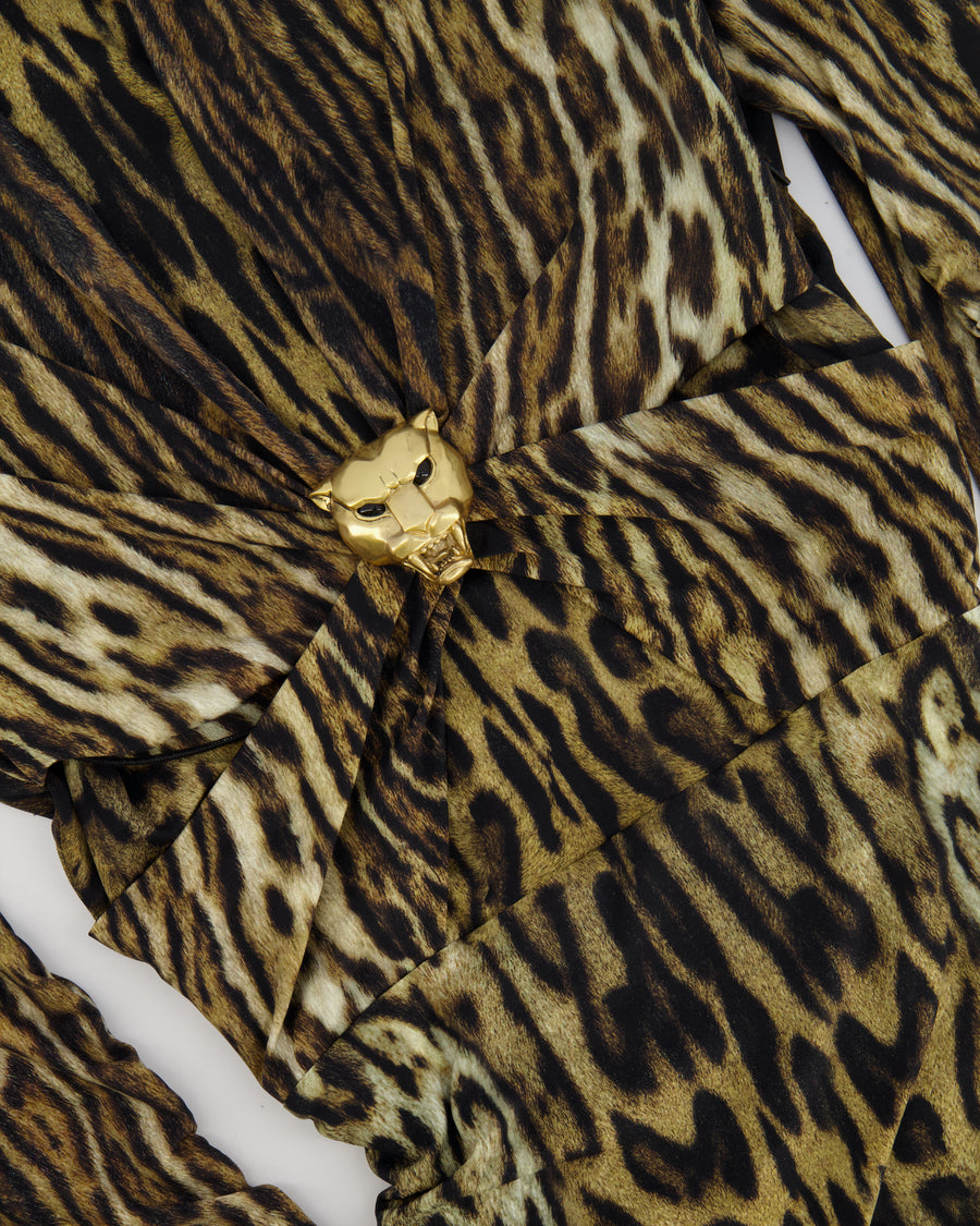 Roberto Cavalli Brown Leopard Ruched Midi Dress with Gold Panthere Detail Size IT 38 (UK 6)
