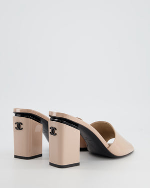 Chanel Beige Patent Heeled Sandals with Black CC Logo Size EU 38