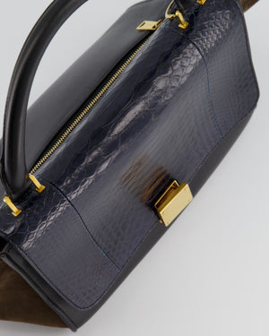 Celine Navy Python, Brown Suede Trapeze Hand Bag with Gold Hardware