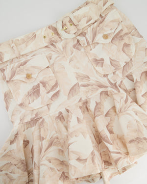 Zimmermann Cream, Pink Floral Print Linen Ruffle Belted Mini Skirt with Pocket Detail Size 3 (UK 14)