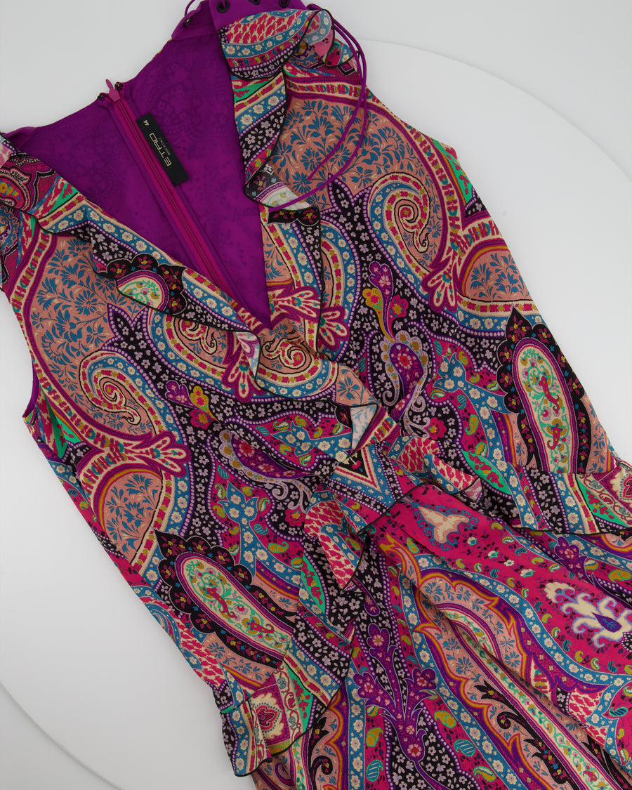 Etro Purple & Multicoloured Paisley Printed Sleeveless Midi Silk Dress with Draw String Shoulder Details Size IT 44 (UK 12)