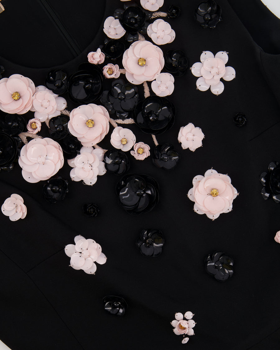 Giambattista Valli Black Silk Sleeveless Dress with Flower Embellishments Size IT 44 (UK 12)