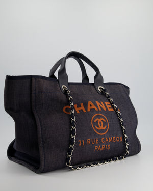 Chanel Navy and Orange Canvas Medium Deauville Tote Bag with Silver Hardware