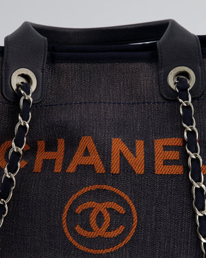 Chanel Navy and Orange Canvas Medium Deauville Tote Bag with Silver Hardware