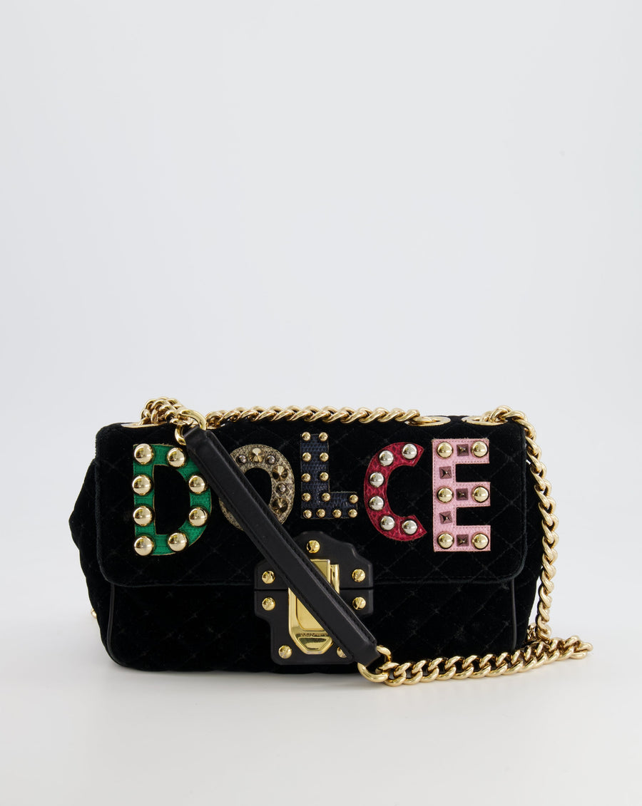 Dolce & Gabbana Black Velvet Lucia Bag with Embellishments and Gold Hardware