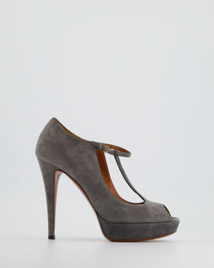 Gucci Grey Suede Open Toe Platform Heels with Strap Detail Size EU 37.5