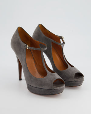 Gucci Grey Suede Open Toe Platform Heels with Strap Detail Size EU 37.5