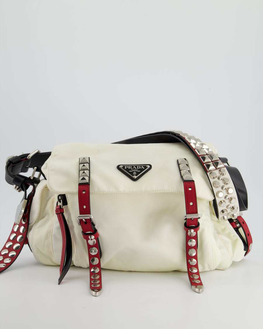 Prada Cream, Black & Red Nylon Vela Studded Messenger Bag with Silver –  Sellier