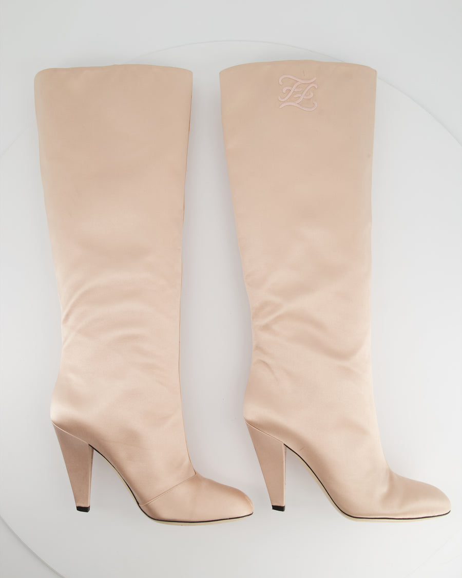 Fendi Blush Pink Satin Knee High Boots with Embroidered FF Logo