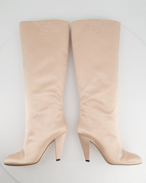 Fendi Blush Pink Satin Knee High Boots with Embroidered FF Logo Size EU 39