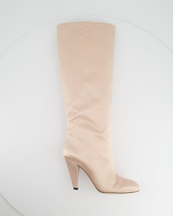 Fendi Blush Pink Satin Knee High Boots with Embroidered FF Logo Size EU 39