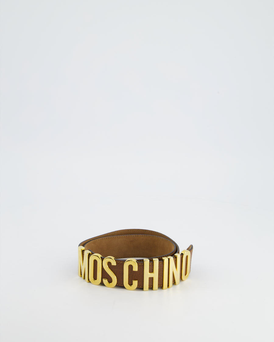 Moschino Brown Leather Logo Belt with Gold Hardware Size 44 (UK 12)