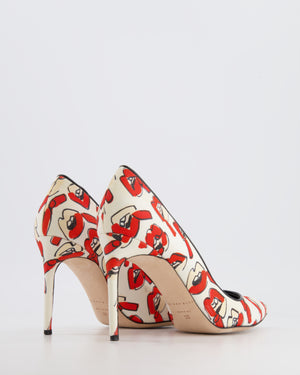 Brian Atwood Red and White Canvas Lips Printed Pumps Size EU 39