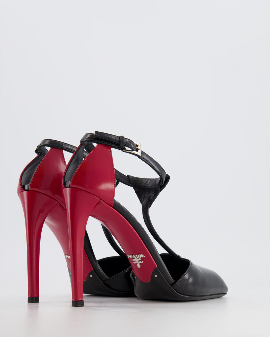 Prada Black and Deep Red Leather Ankle Strap Heels Size EU 39