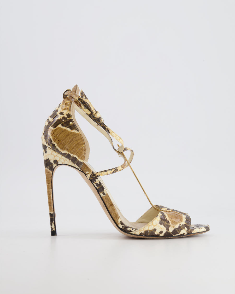 Brian Atwood Beige and Brown Python Sandals with Gold Details Size EU 39