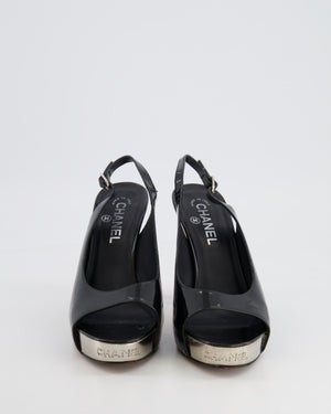 Chanel Black Patent Leather Pumps with Silver Logo Detail Size EU 38.5