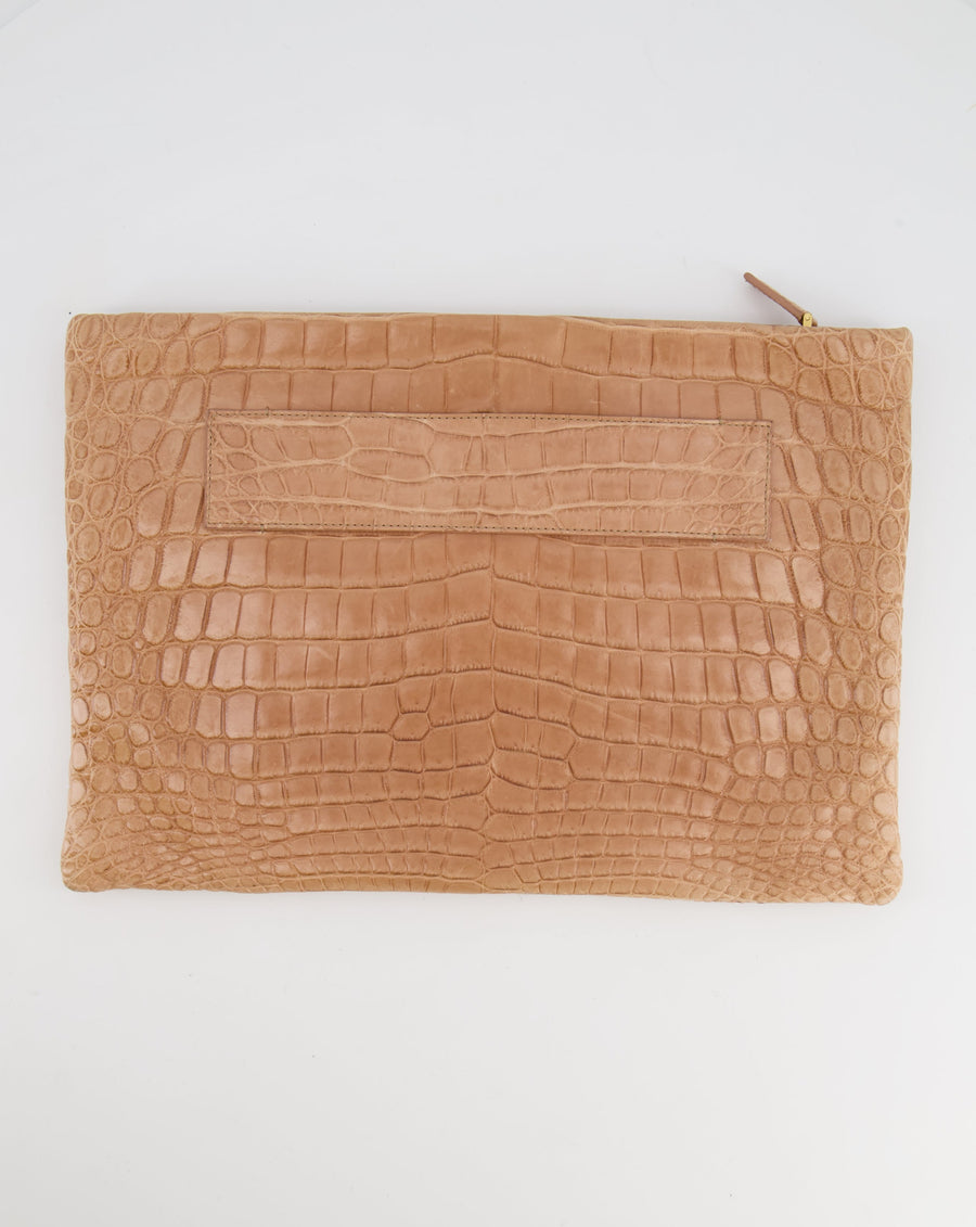 Prada Beige Crocodile Large Pouch Bag with Gold Hardware