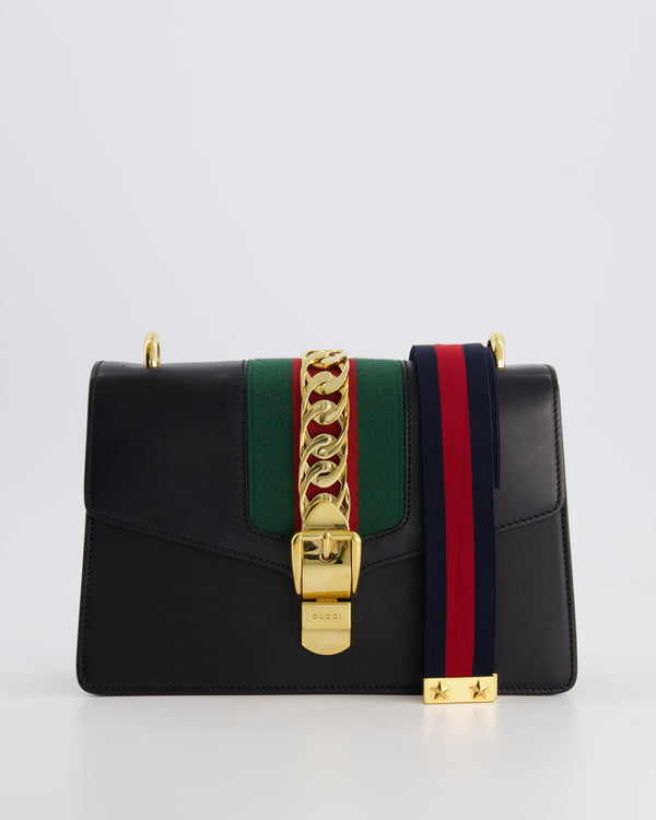 Gucci Black Leather Small Sylvie Bag Canvas with Gold Hardware and Canvas Strap