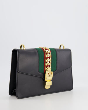 Gucci Black Leather Small Sylvie Bag Canvas with Gold Hardware and Canvas Strap