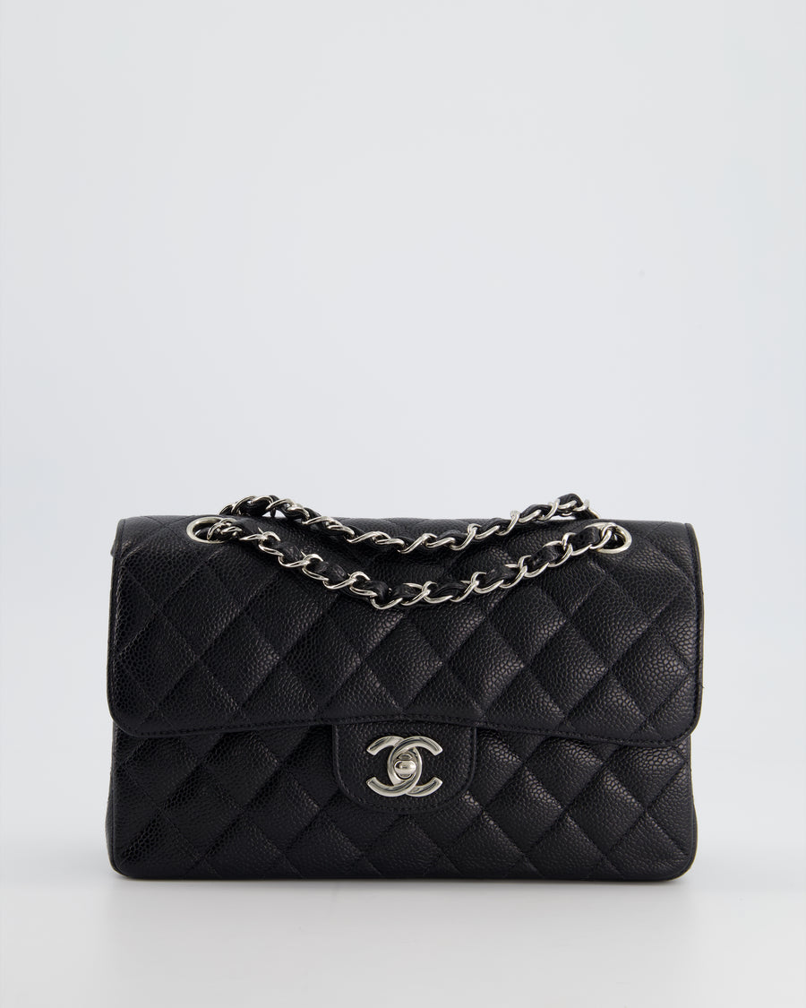 Black Quilted Caviar Medium Classic Double Flap Bag Silver