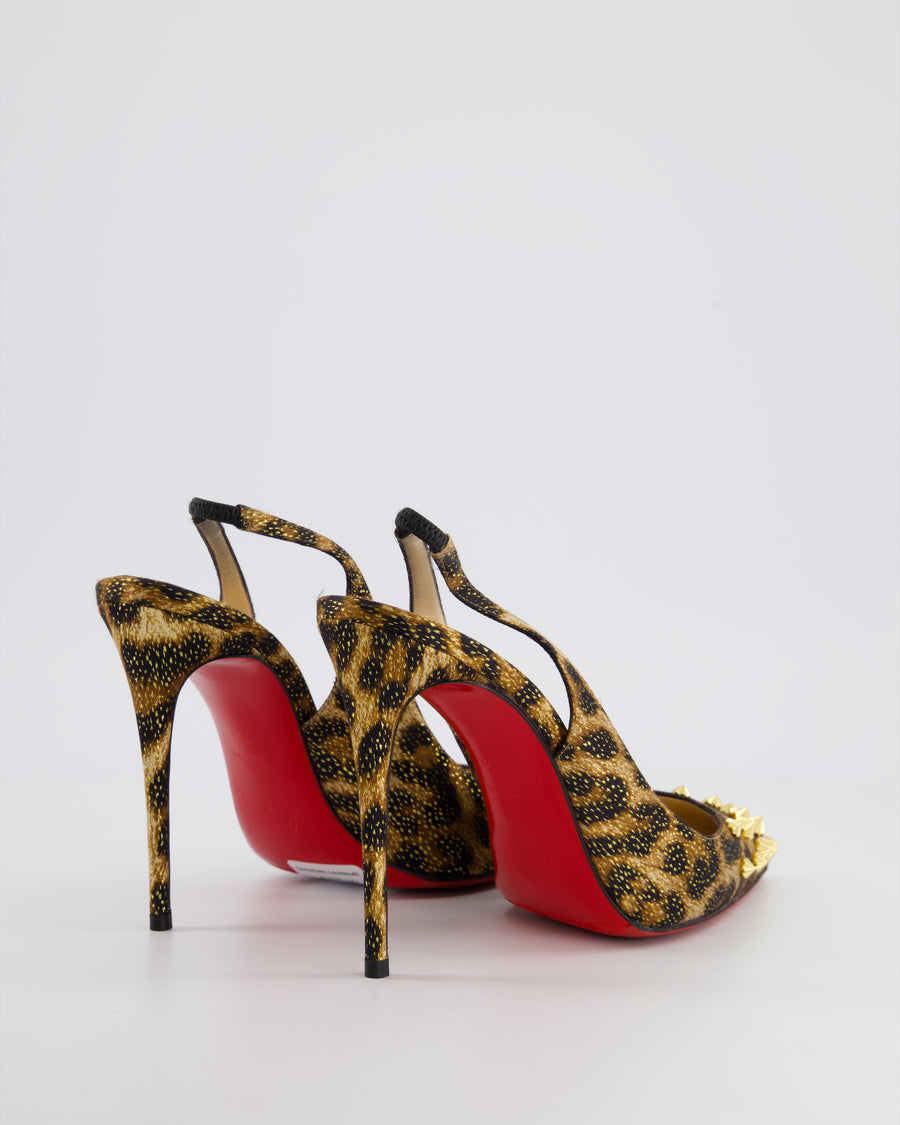 Christian Louboutin Brown Leopard Print Satin Sling Back Heels with Gold Stud Detail Size EU 37.5