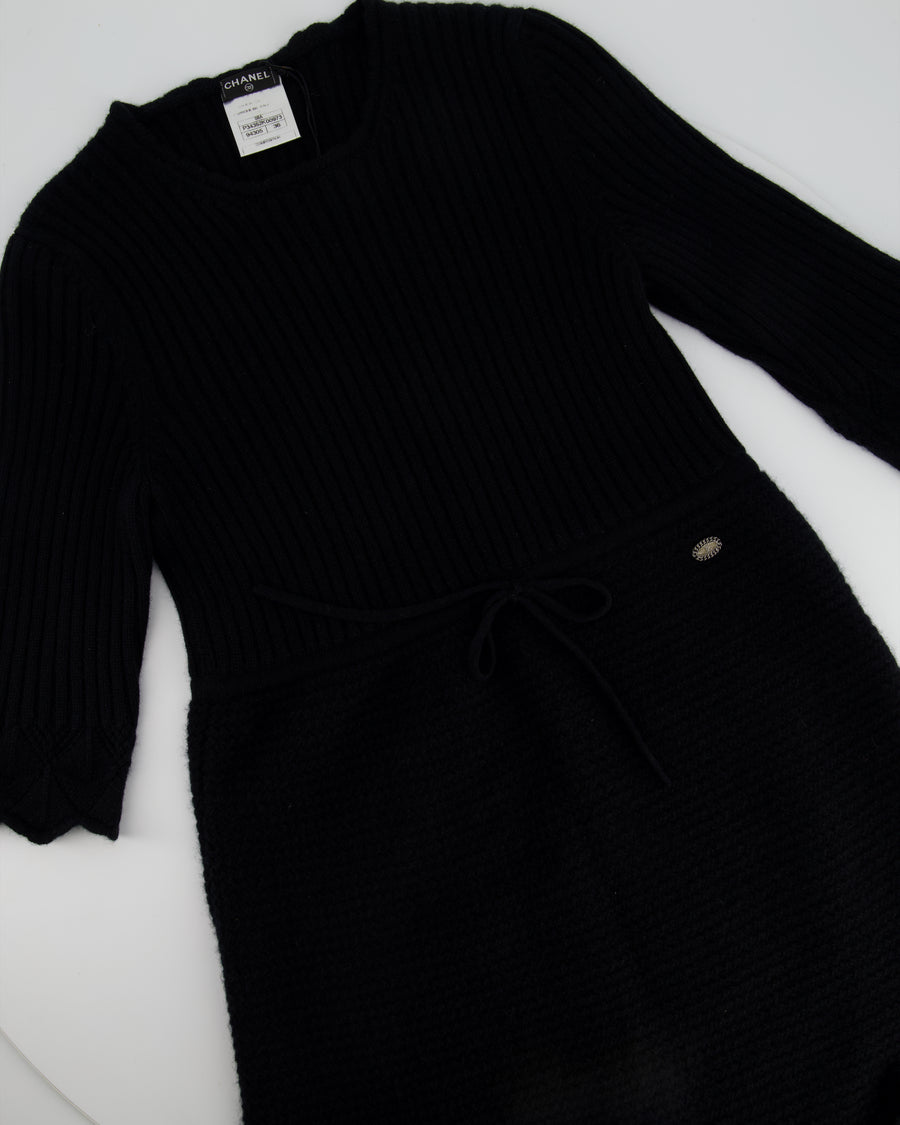 Chanel Black Cashmere Short-Sleeve Dress with Silver Logo Size FR