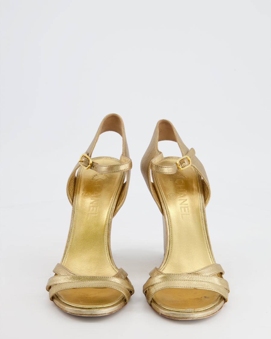Chanel Gold Leather Ankle-Strap Heels with Pearl and CC Logo Details Size EU 39