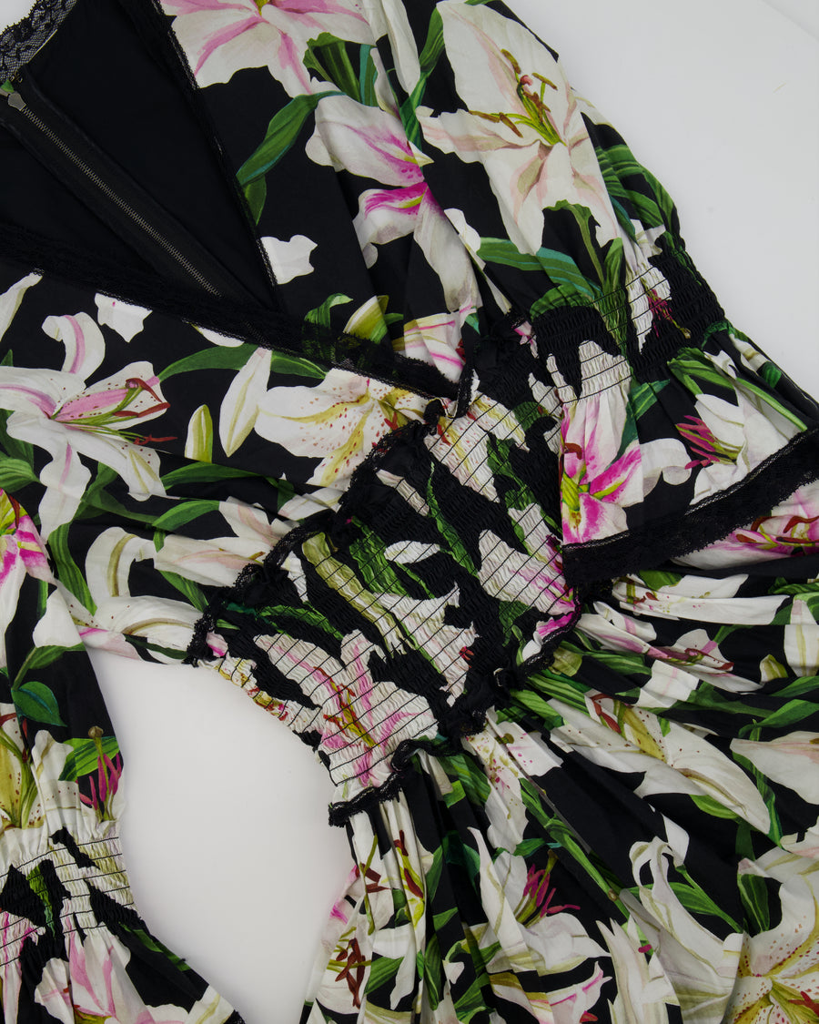 Dolce & Gabanna Black Floral Mini Dress with Lace Details Size IT 42 (UK 10)