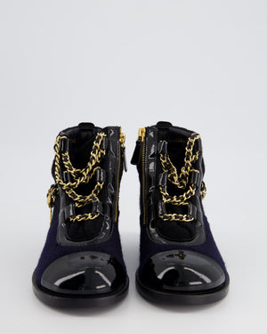 Chanel Navy, Black Wool and Patent Ankle Boot with Brushed Gold Charm Chain Detail Size EU 35