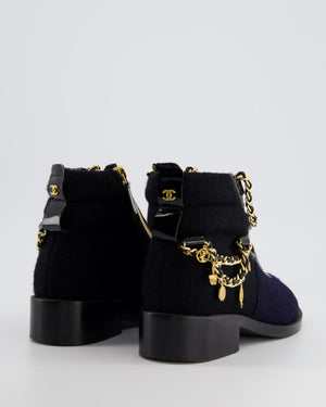 Chanel Navy, Black Wool and Patent Ankle Boot with Brushed Gold Charm Chain Detail Size EU 35