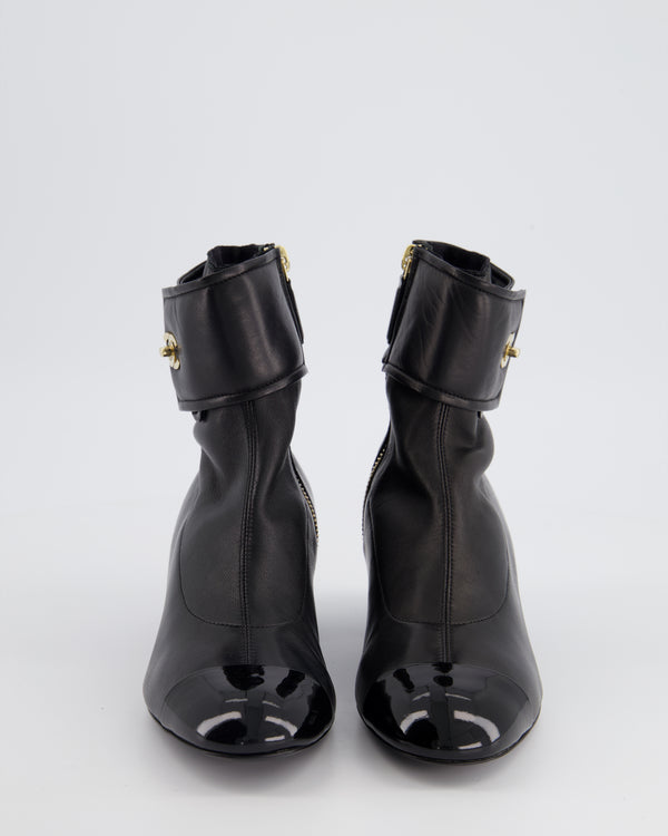 Chanel Black Leather Ankle Boots with Patent Toe and Champagne Gold CC Logo Detail Size EU 35.5C