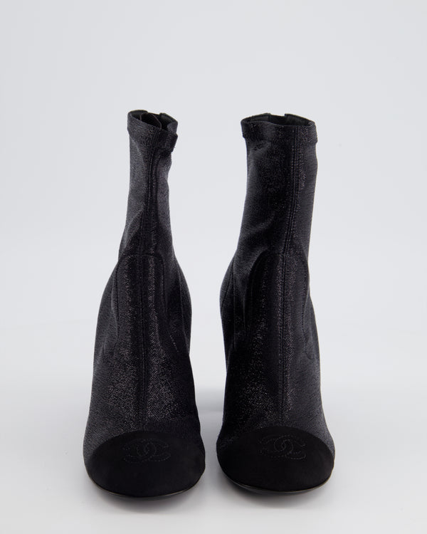 Chanel Black Glitter Fabric Sock Boots with CC Suede Logo Toe Cap Size EU 35.5C