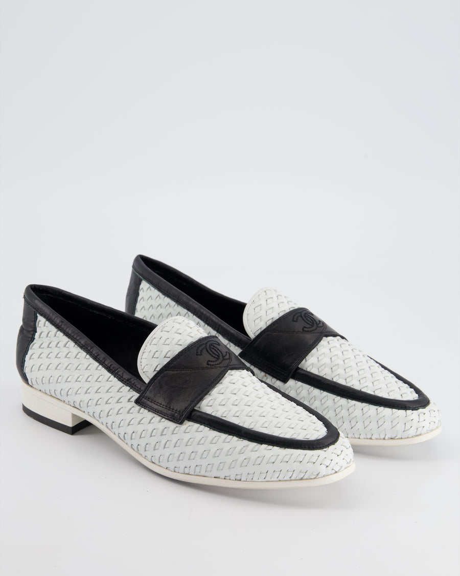 Chanel Black, White Woven Leather Loafer with CC Logo Size EU 35.5