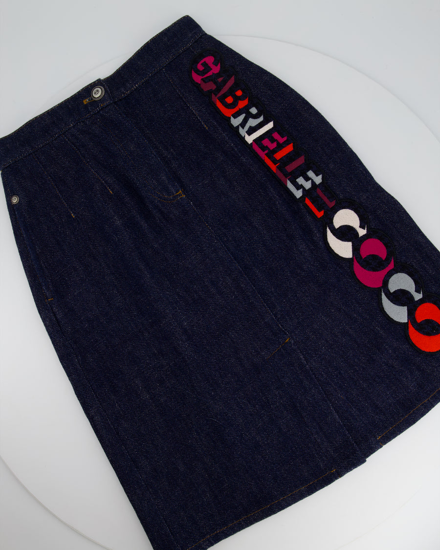 Chanel Dark Indigo Denim Midi Skirt Multi-Colour Gabrielle Coco Print Size FR 34 (UK 6)