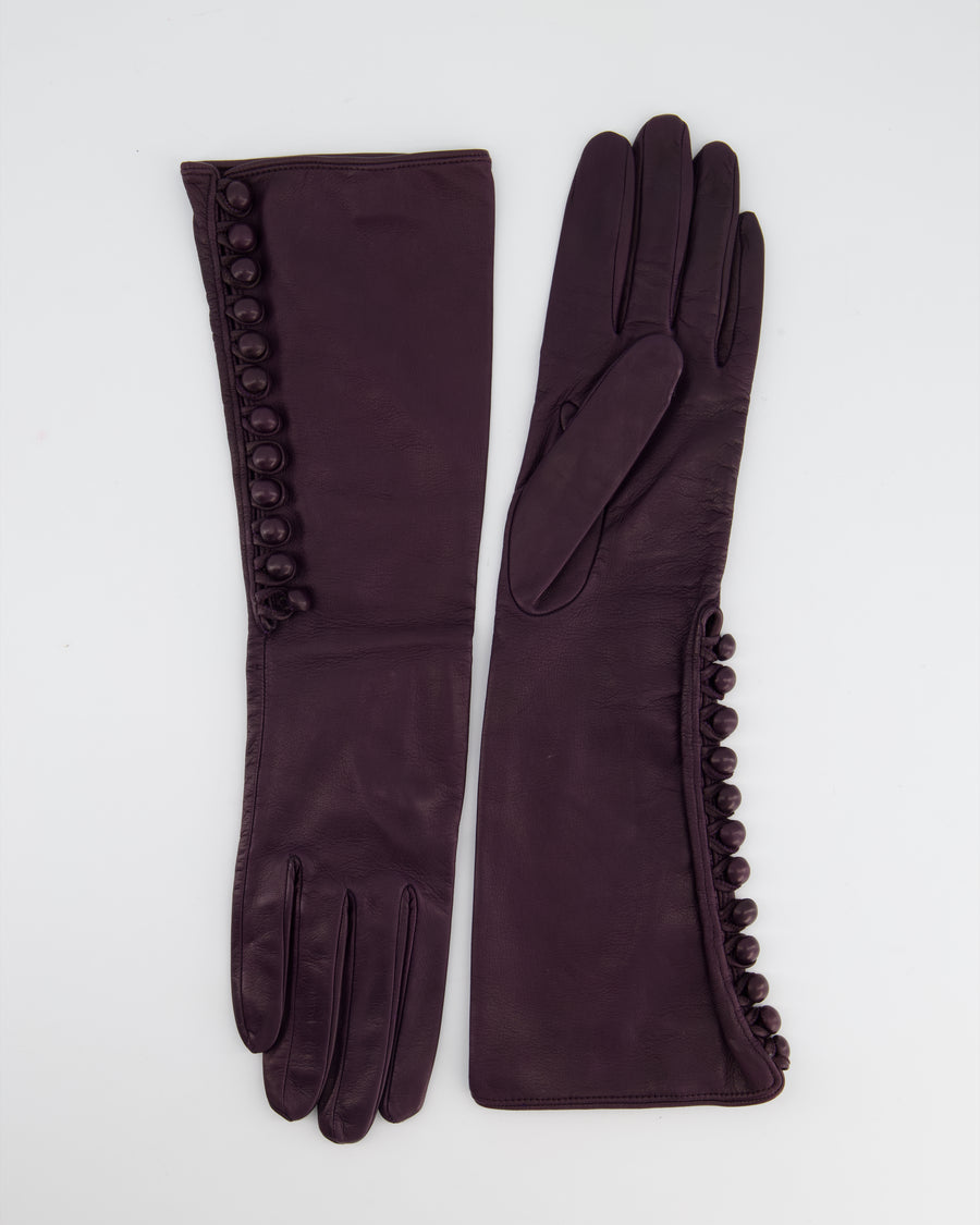 Prada Plum Purple Long Gloves in Lambskin Leather and Buttons Detail Size 7