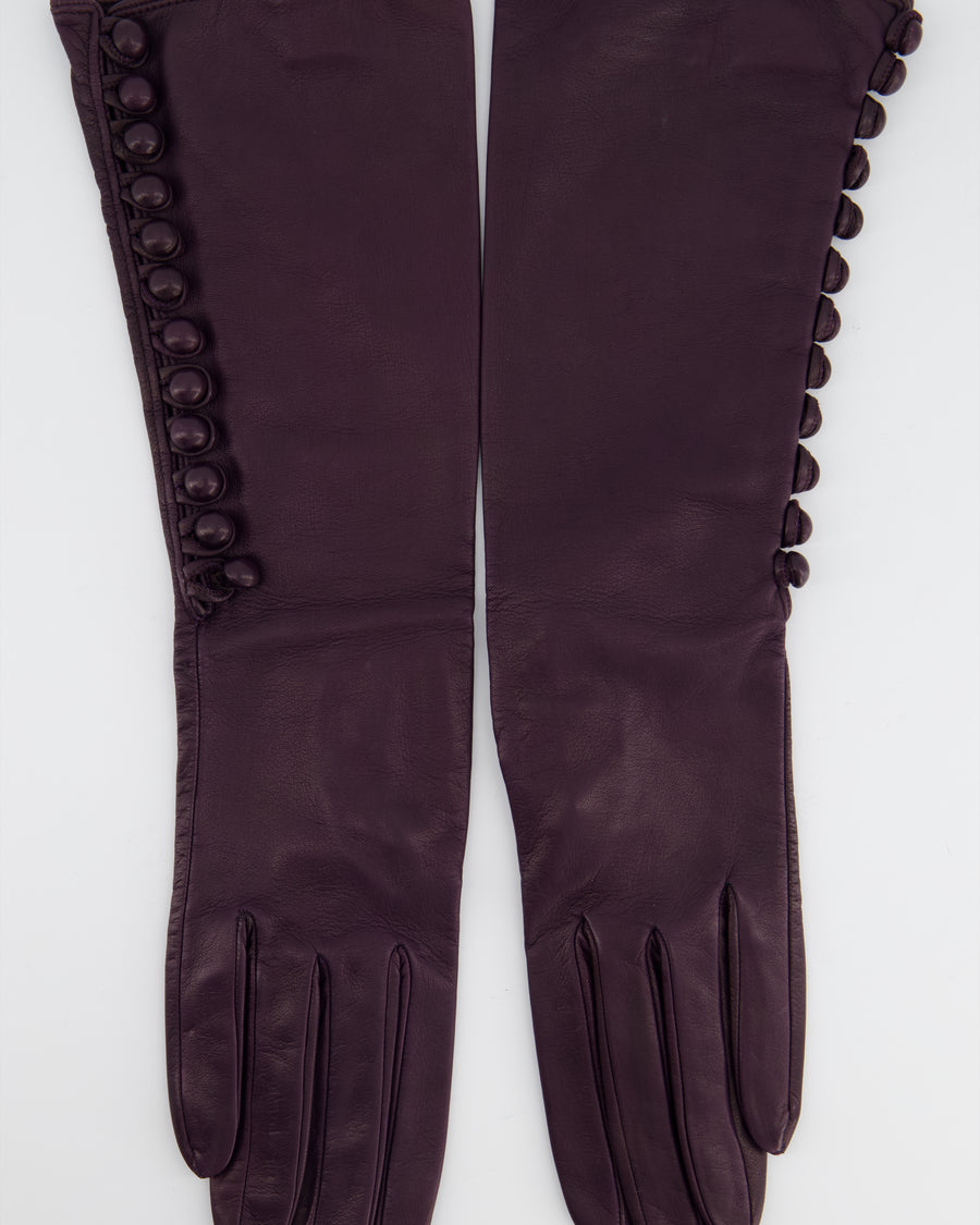 Prada Plum Purple Long Gloves in Lambskin Leather and Buttons Detail Size 7