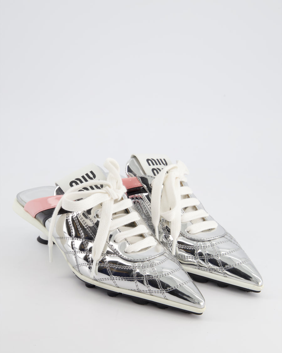 Miu Miu Silver Sneakers Mules in Patent Leather and Stripes Detail Size EU 35