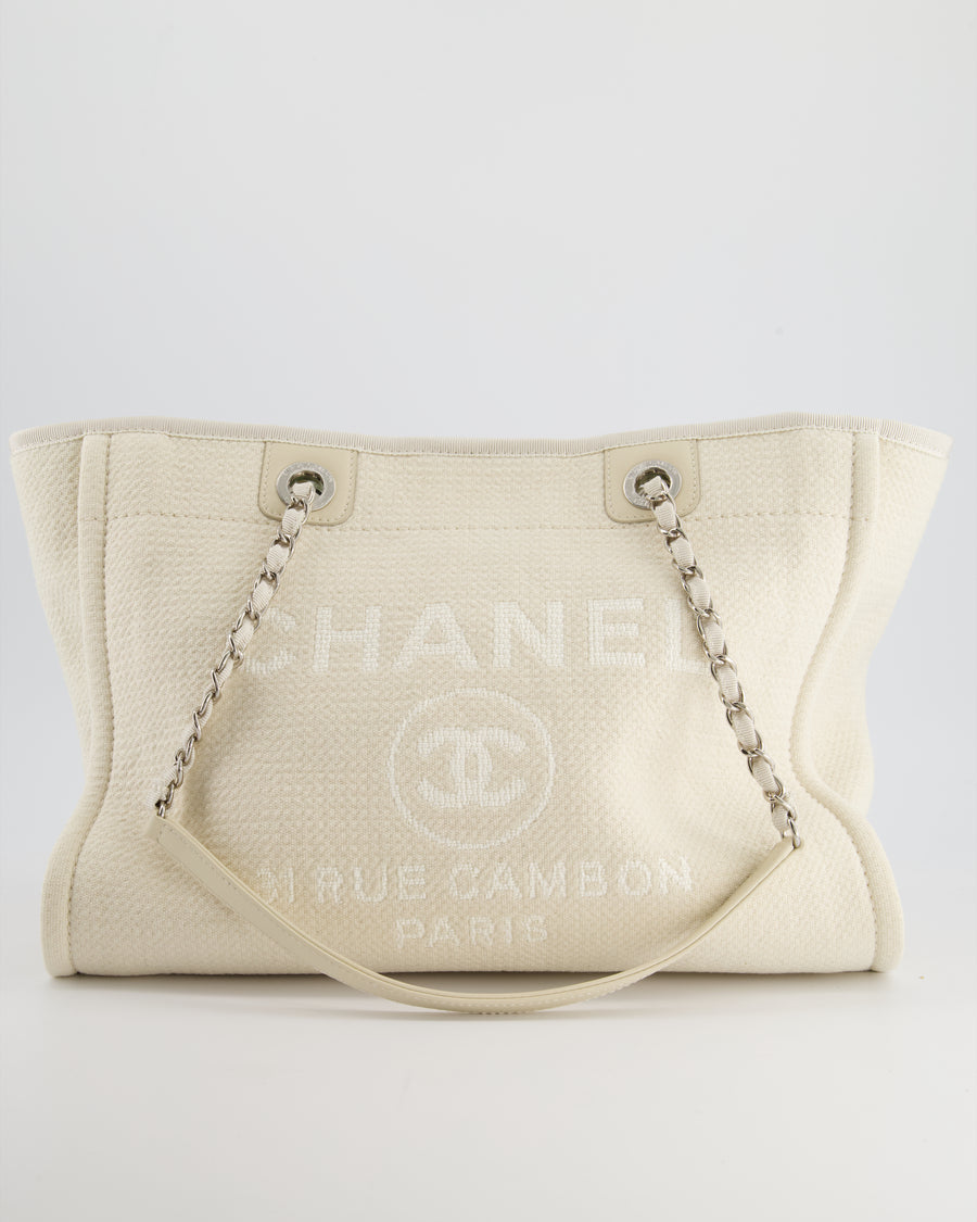 HOT* Chanel White Canvas Small Deauville Tote Bag with Silver